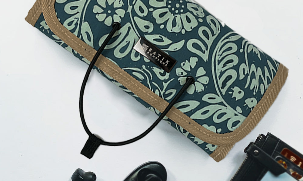 Batik Roll-Up Travel Pouch - Teal Ukir - Batik Boutique