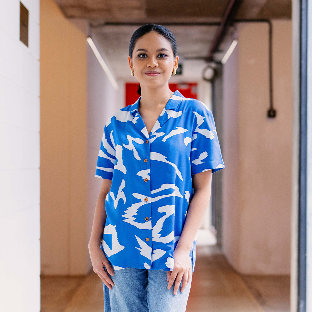 (SALE) Women's Batik Cuban Shirt - Blue Rimba