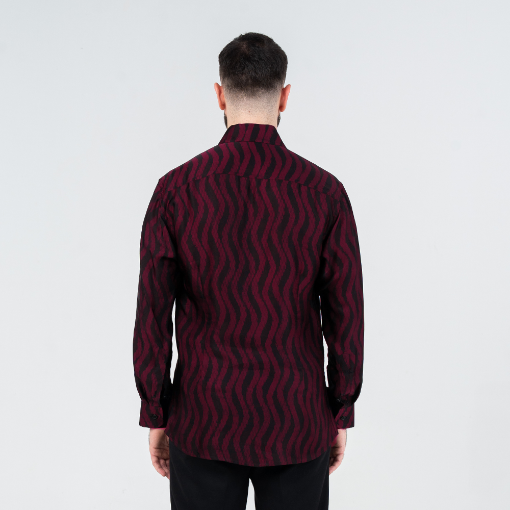 Back view of men's long-sleeved batik shirt in Garnet Snakeskin print, silk cotton