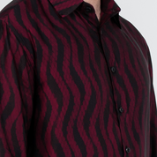 Close-up of Garnet Snakeskin batik motif on men's silk cotton long-sleeved shirt