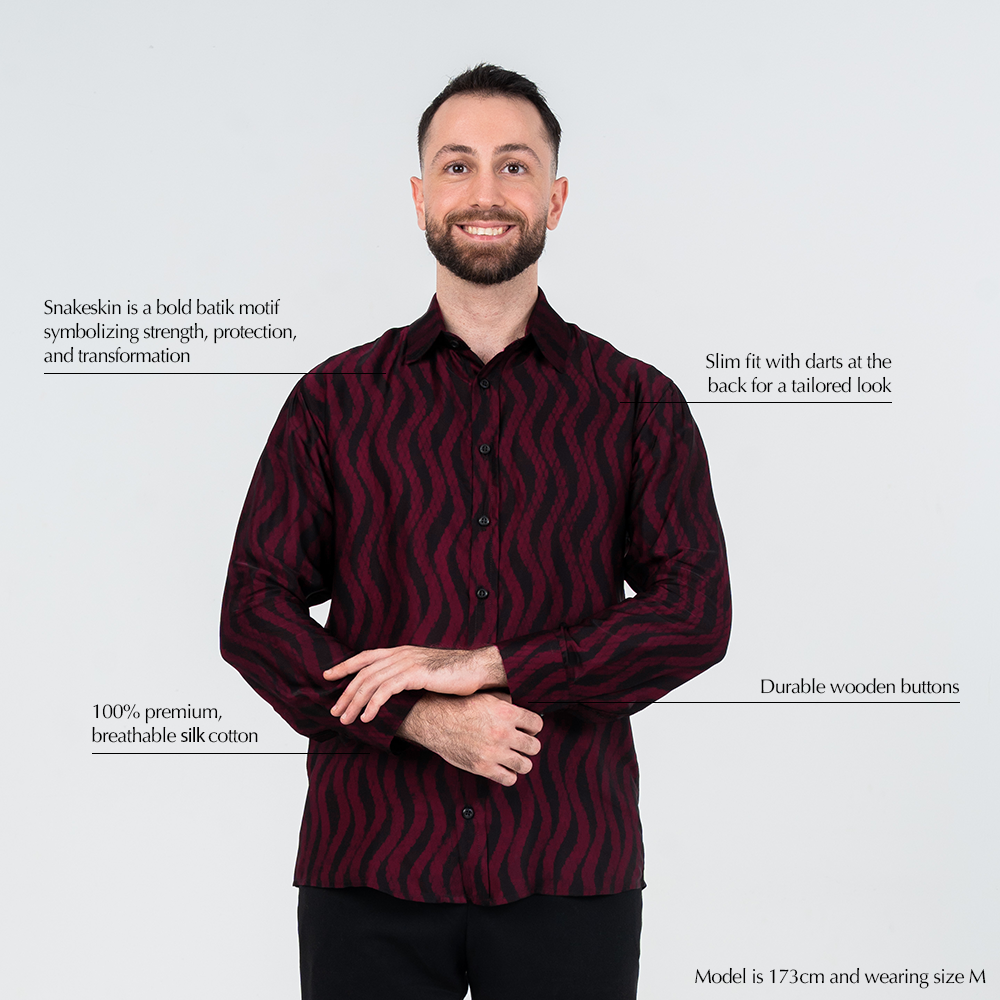 Men's Garnet Snakeskin batik shirt features slim fit, breathable silk cotton, wooden buttons