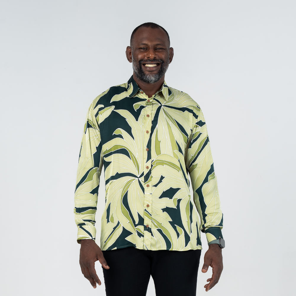 Front view of men's Forest Palma long-sleeved batik shirt with a modern fit and natural green batik design.