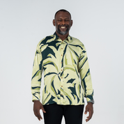 Front view of men's Forest Palma long-sleeved batik shirt with a modern fit and natural green batik design.