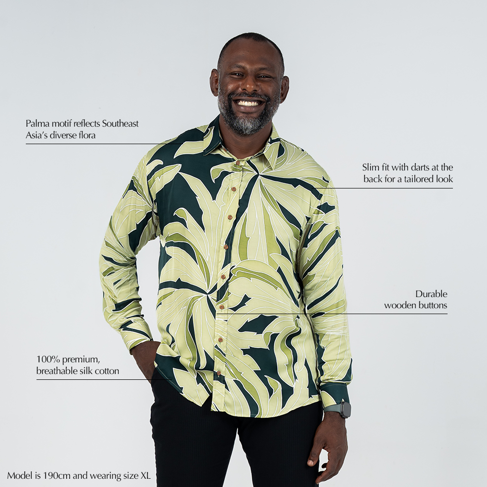Forest Palma batik shirt showcasing Southeast Asia–inspired floral motif, slim fit tailoring, and premium silk cotton.