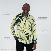 Forest Palma batik shirt showcasing Southeast Asia–inspired floral motif, slim fit tailoring, and premium silk cotton.