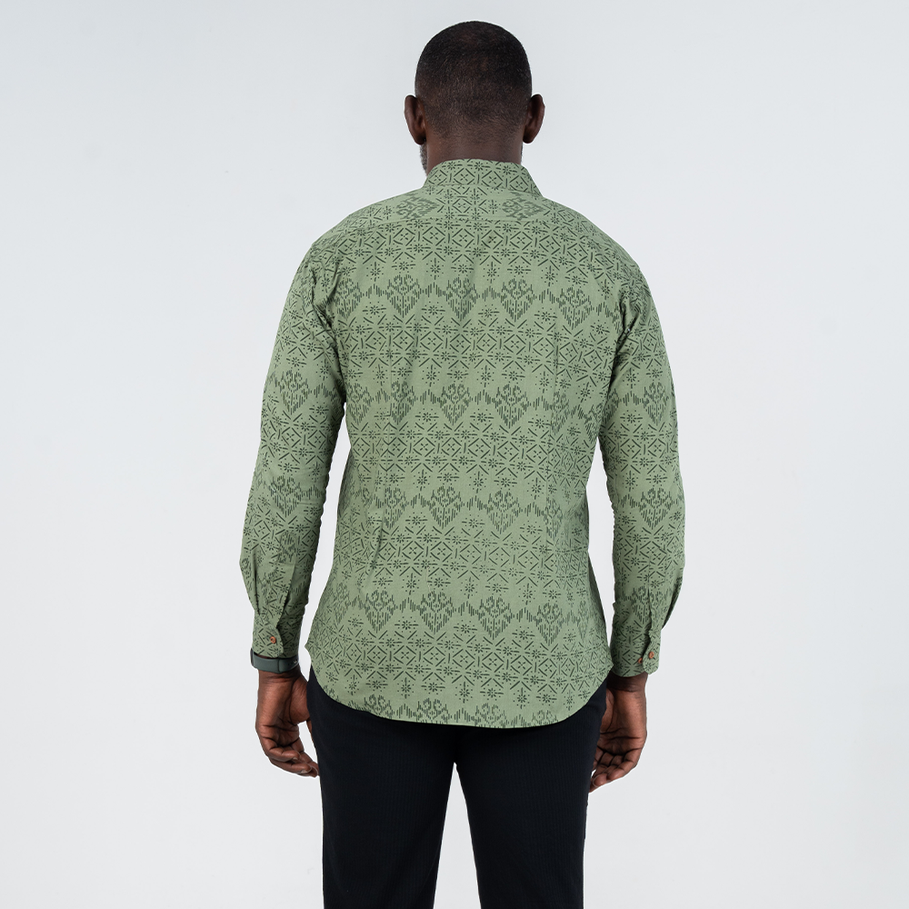 Back view of men’s long-sleeved batik shirt in Olive Anyam print