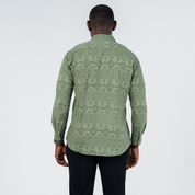 Back view of men’s long-sleeved batik shirt in Olive Anyam print