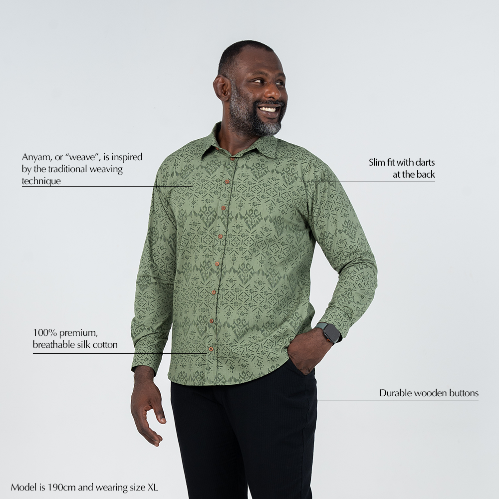 Highlight of Olive Anyam batik shirt features: slim fit, silk cotton, wooden buttons