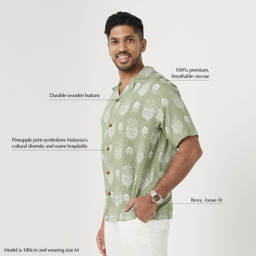 (SALE) Men's Batik Cuban Shirt - Olive Pineapple