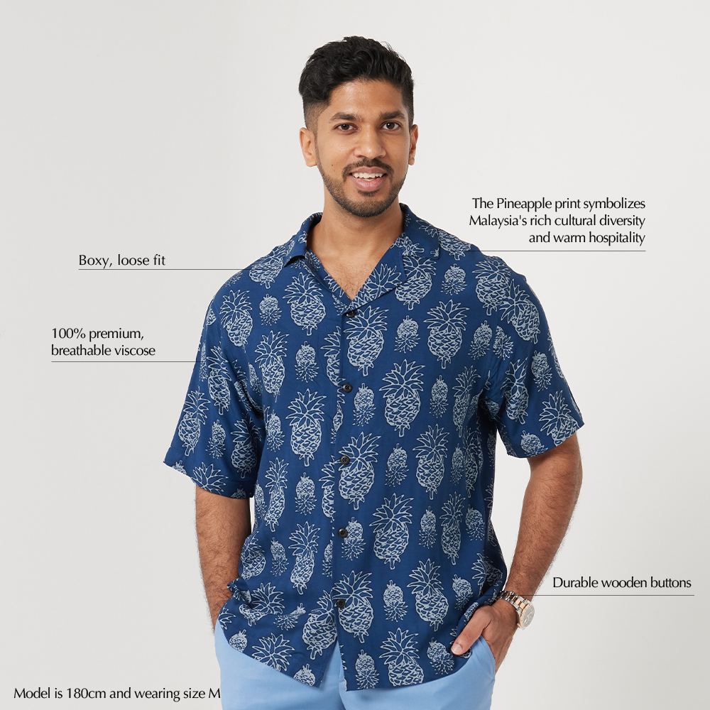 (SALE) Men's Batik Cuban Shirt - Navy Pineapple