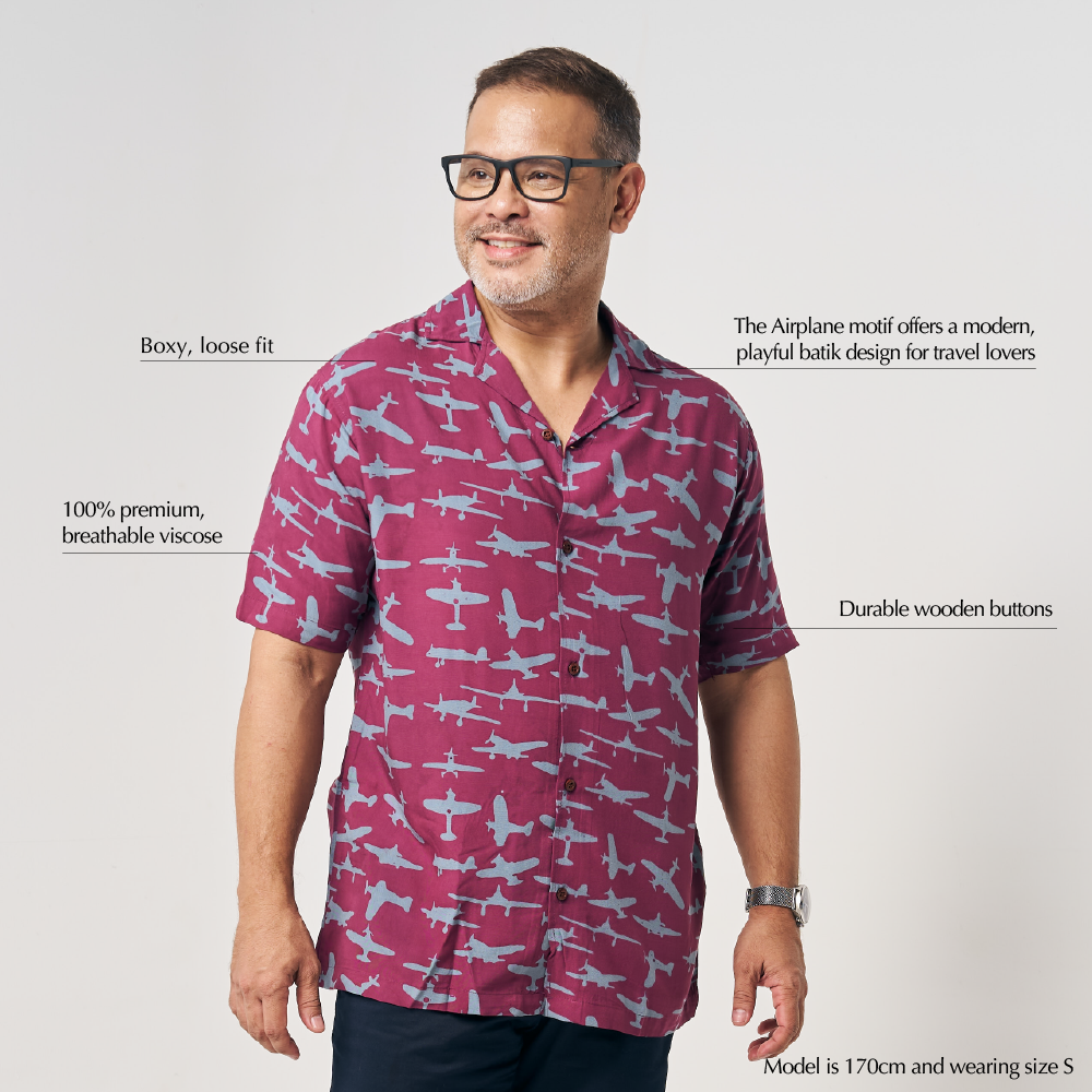 (SALE) Men's Batik Cuban Shirt - Garnet Airplane