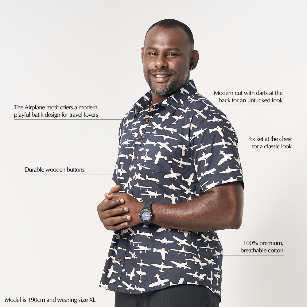 (SALE) Men's Batik Shirt - Black Airplane