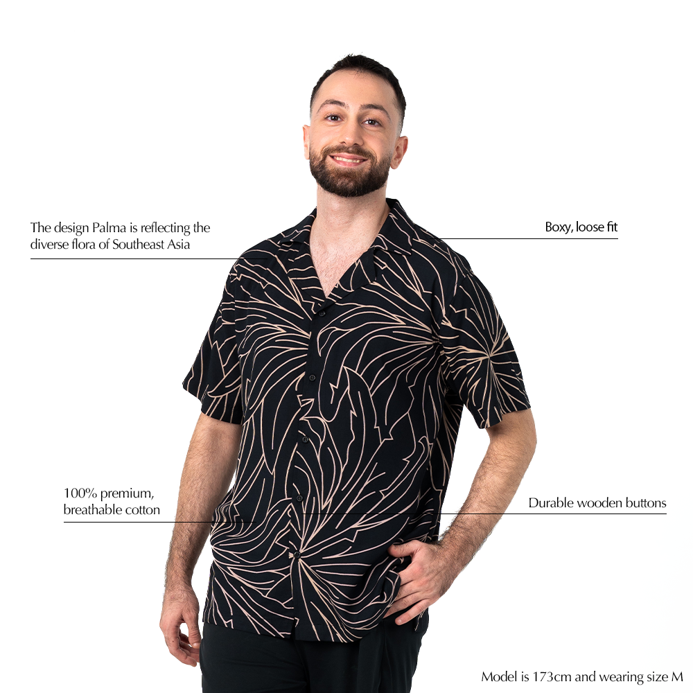 Men’s Onyx Palma Cuban shirt highlighting breathable cotton, loose fit, and Southeast Asian batik pattern