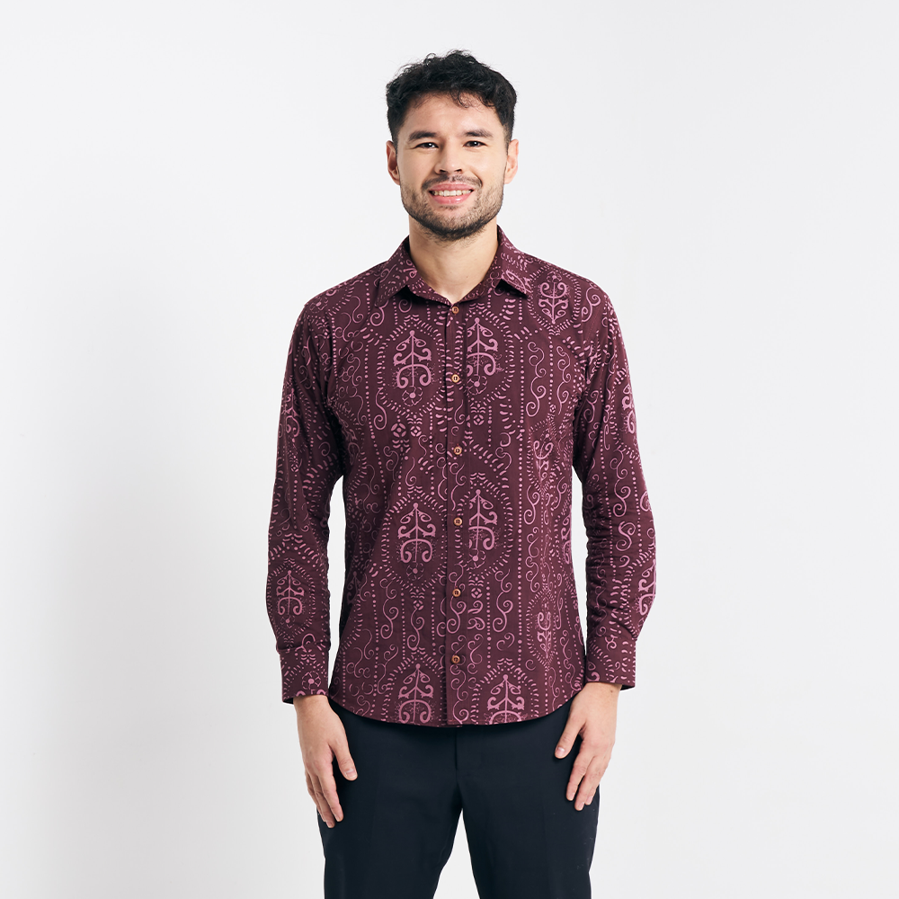 Full-body studio shot showing the slim fit and elegant deep red tones