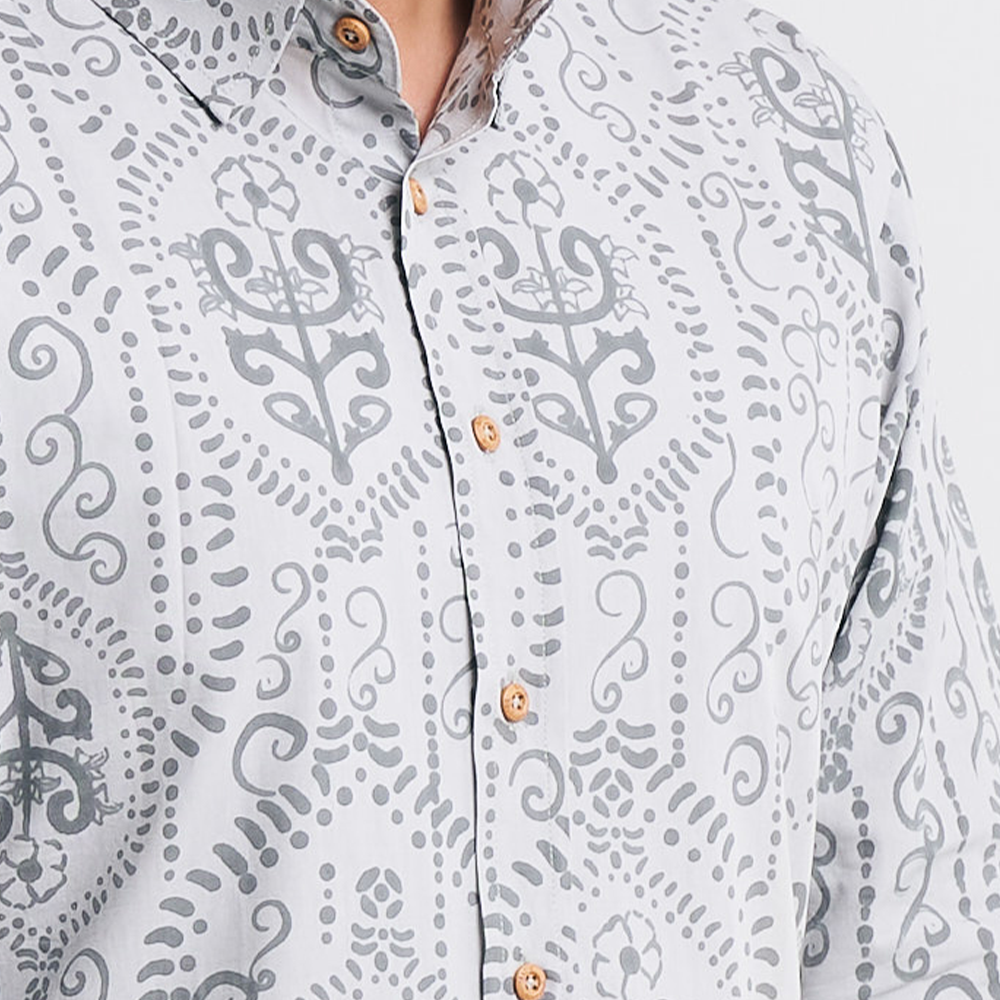 Close-up of the Grey Petola design, showcasing intricate hand-printed batik patterns