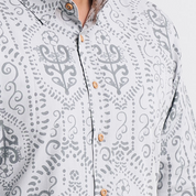 Close-up of the Grey Petola design, showcasing intricate hand-printed batik patterns