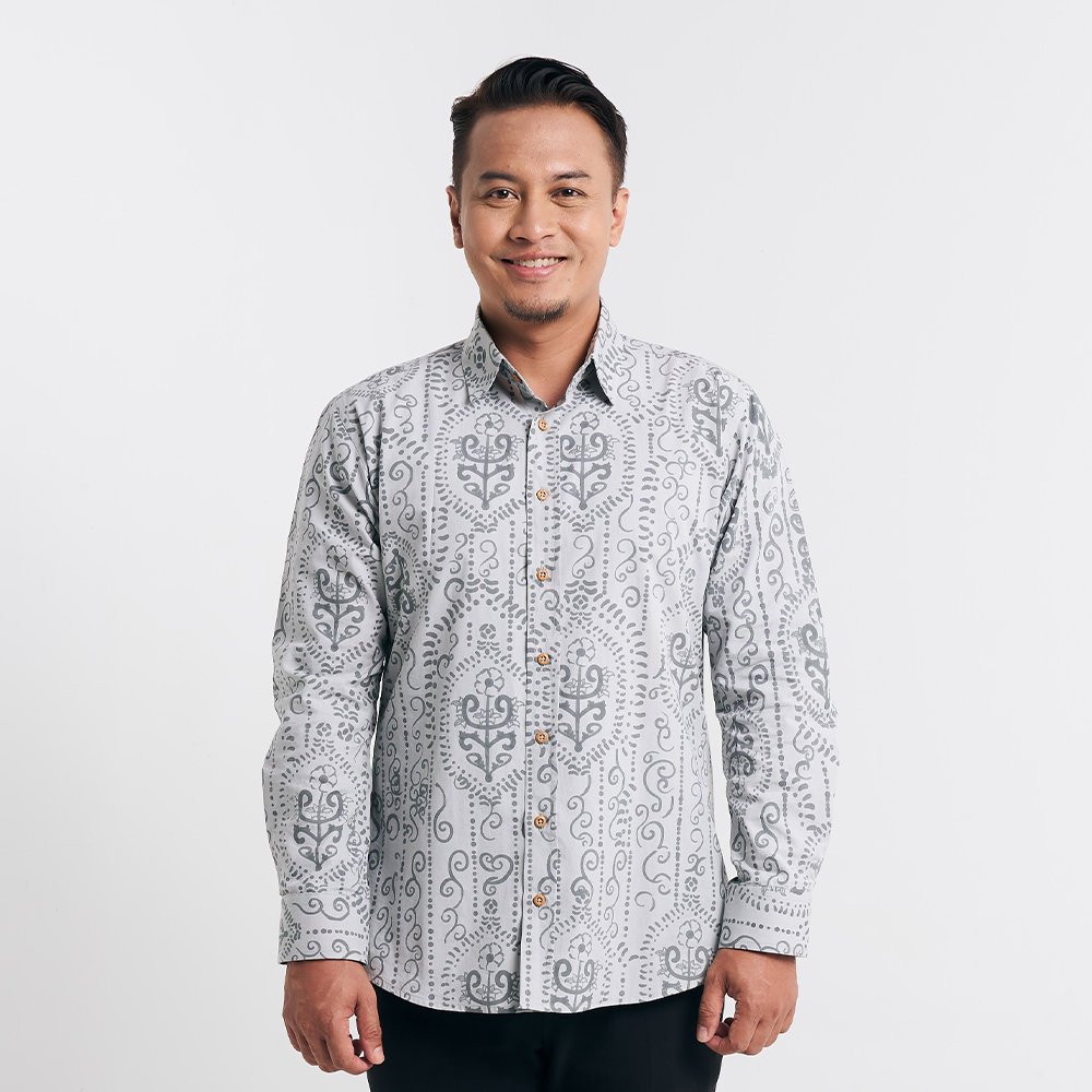 Full-body studio shot highlighting the slim fit and wooden button details