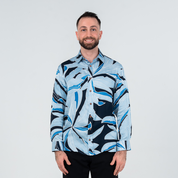 Front view of men’s long-sleeved batik shirt in blue Palma design, made of breathable silk cotton fabric