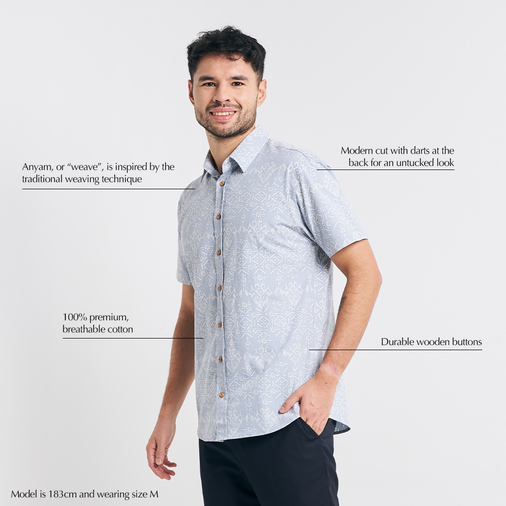 An annotated image detailing the key features of the Grey Anyam shirt