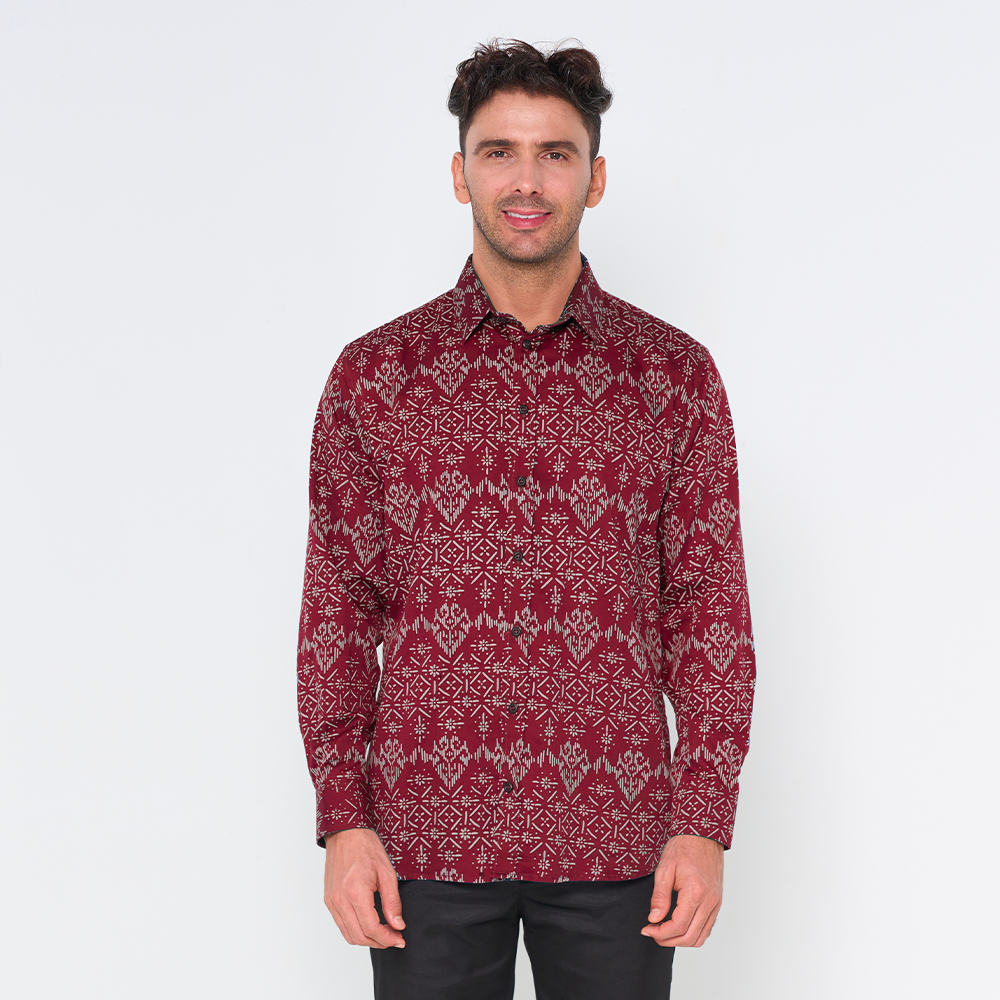 (SALE) Men's Long-Sleeved Batik Shirt - Crimson Anyam