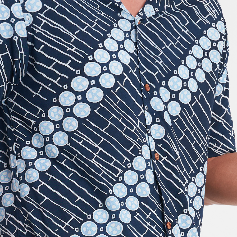 Men's Batik Cuban Shirt - Navy Buluh - Batik Boutique