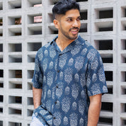 Men's Batik Cuban Shirt - Navy Pineapple - Batik Boutique