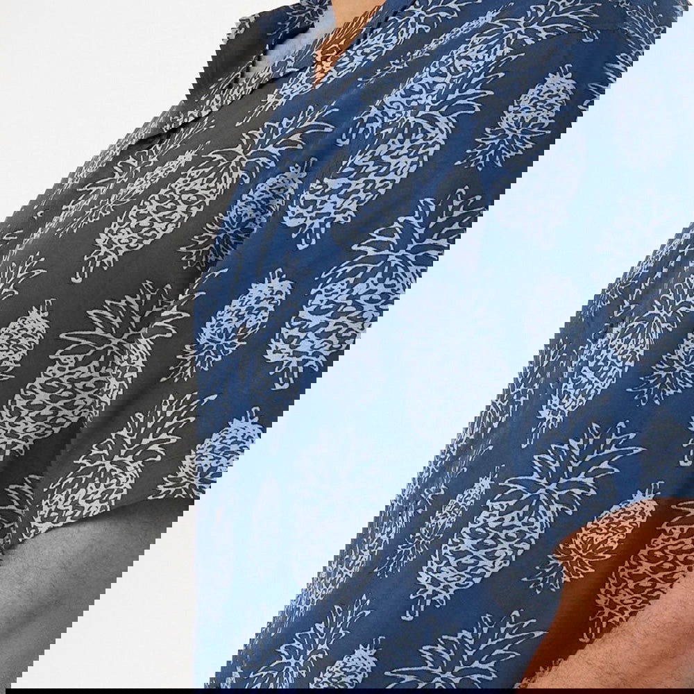 Men's Batik Cuban Shirt - Navy Pineapple - Batik Boutique