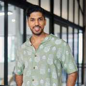 Men's Batik Cuban Shirt - Olive Pineapple - Batik Boutique