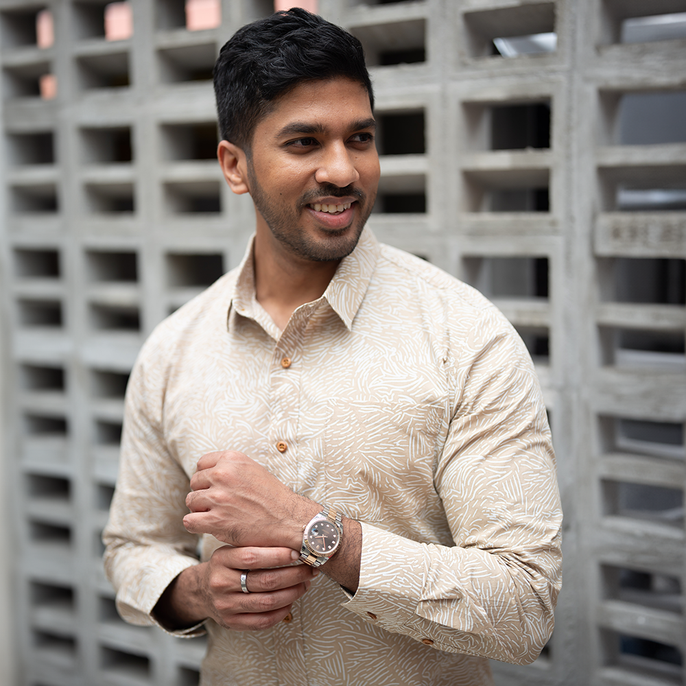 Men's Long-Sleeved Batik Shirt - Tan Driftwood - Batik Boutique