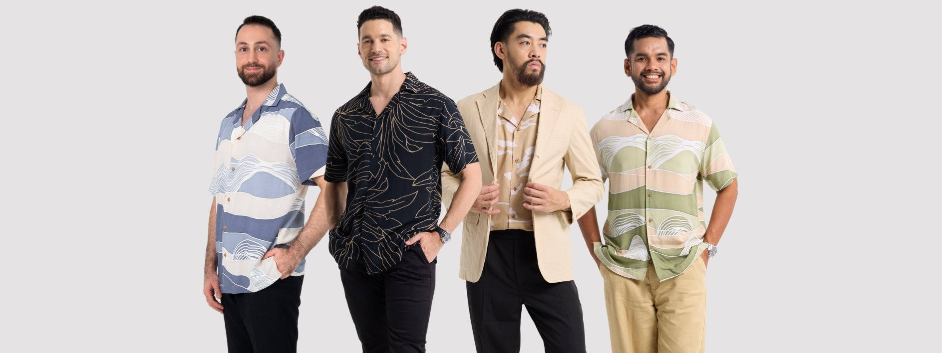 2 men facing camera wearing cotton modern batik men's shirts