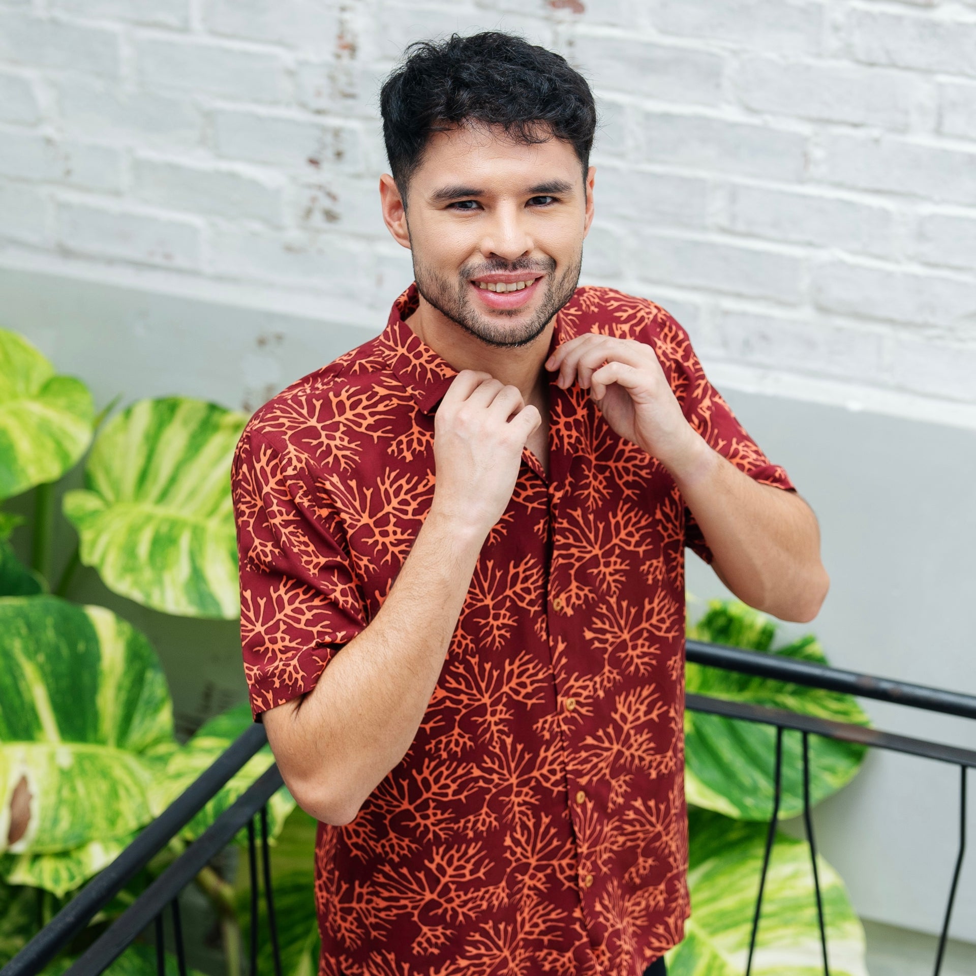 Men's Batik Cuban Shirt - Maroon Coral