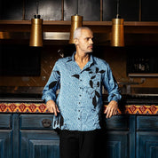 Lifestyle image of the long sleeve blooming lace in azure 