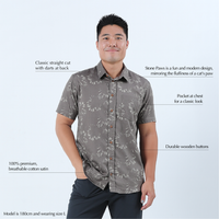 a white box photo of a man wearing a stone paw batik shirt in front of a white background