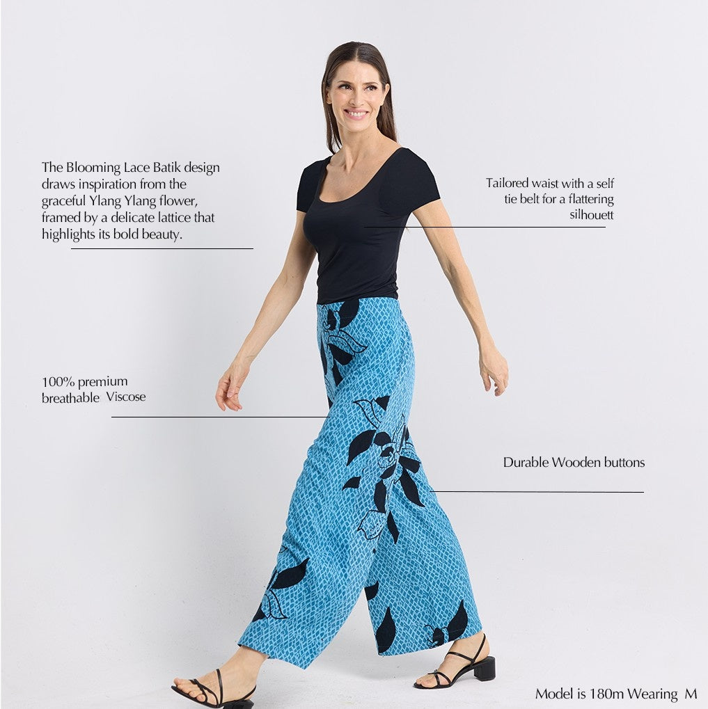 Batik Wide Leg Trousers - Azure Blooming Lace