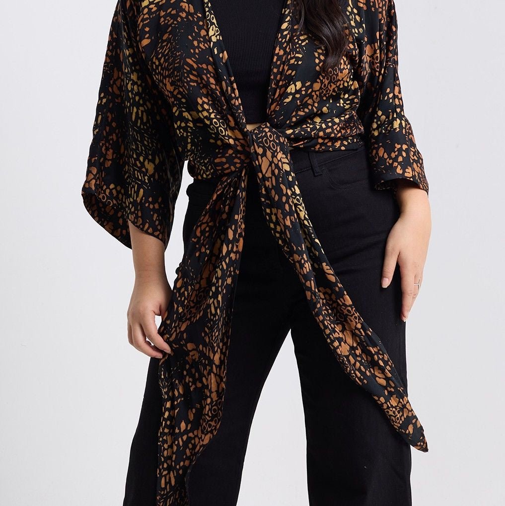 Tie Front Kimono - Black Leopard