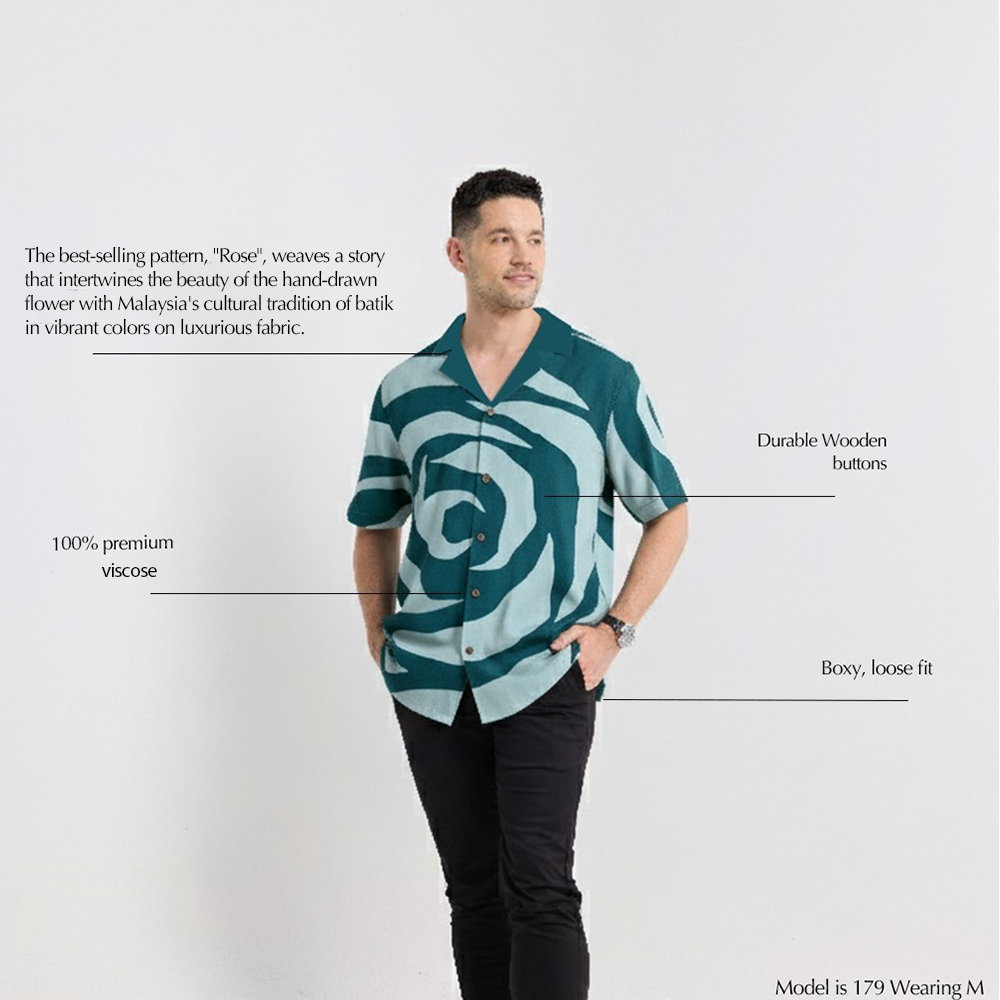 Men's Cuban Batik Shirt - Emerald Rose