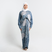 Full-length front view of a woman in a slate blue batik caftan pareo