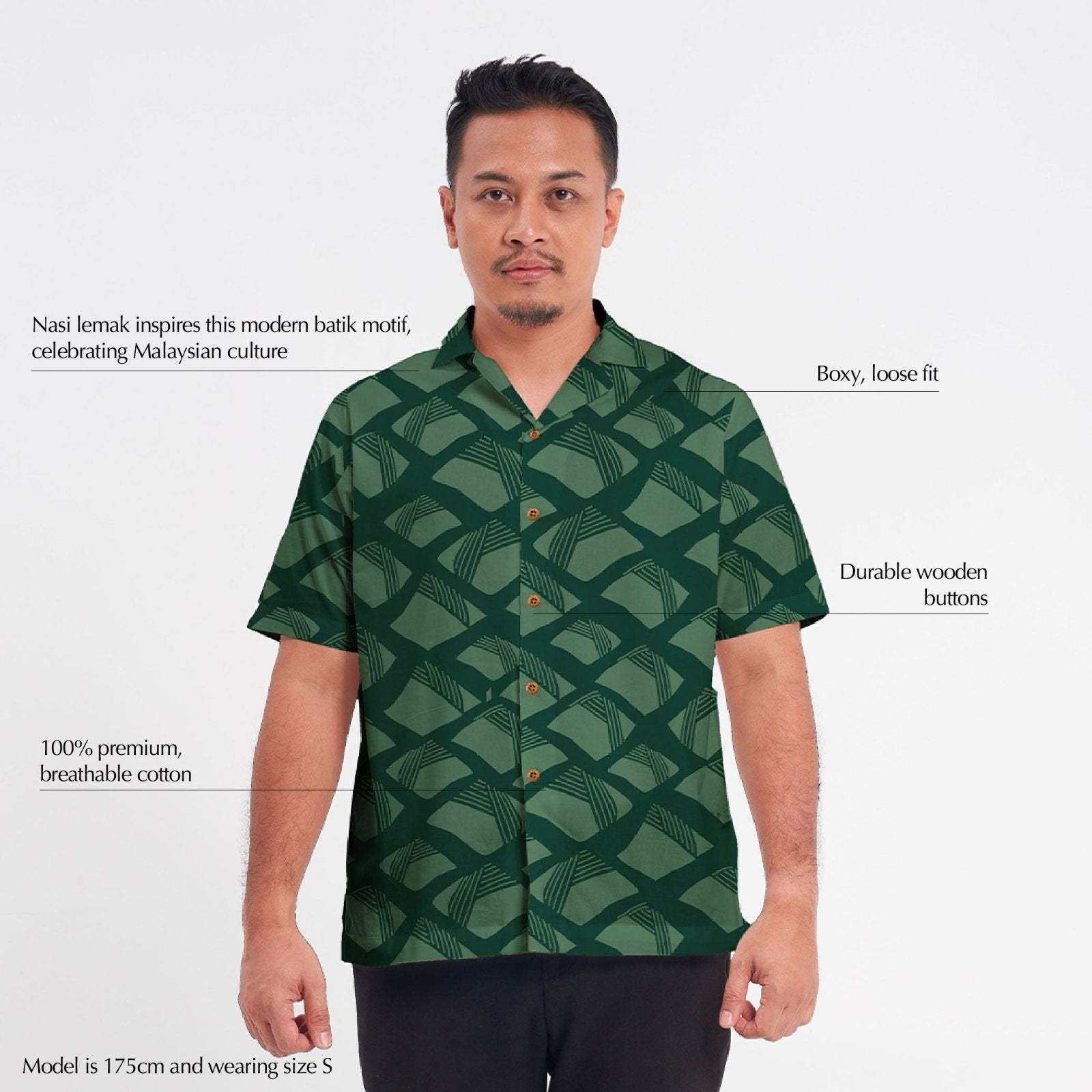 Description photo of the green nasi lemak shirt with description showing particular qualities 