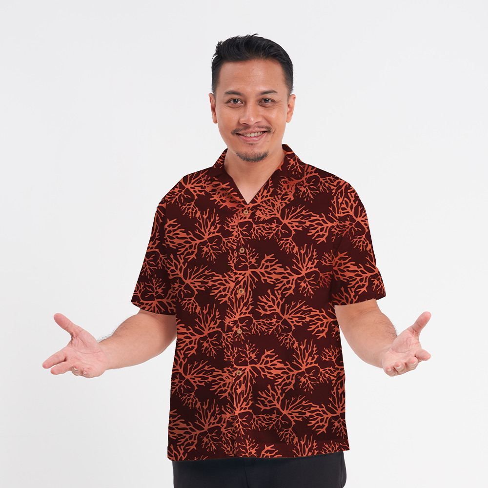 Men's Batik Cuban Shirt - Maroon Coral