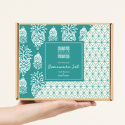 a white box photo of homeware set in a box in the pattern turquoise pineapple 