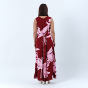 batik dress against a white background in the pattern berry palmera showcasing the details on the back