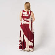Batik Maxi Dress Crimson Rose back angle of the model 