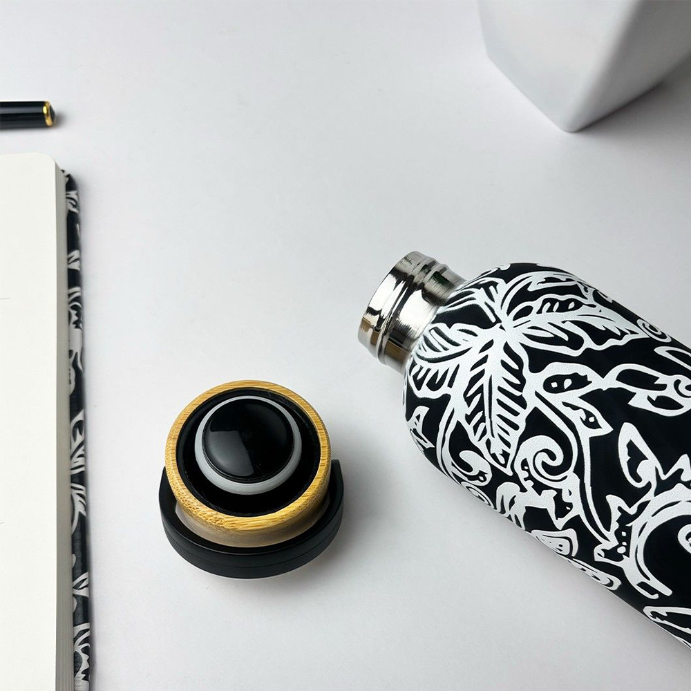 Stainless Steel Tumbler in Black Floret with the lid off