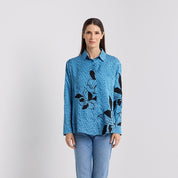 Women's Long-Sleeved Batik Shirt (Silk Cotton) - Azure Blooming Lace