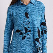 Women's Long-Sleeved Batik Shirt (Silk Cotton) - Azure Blooming Lace