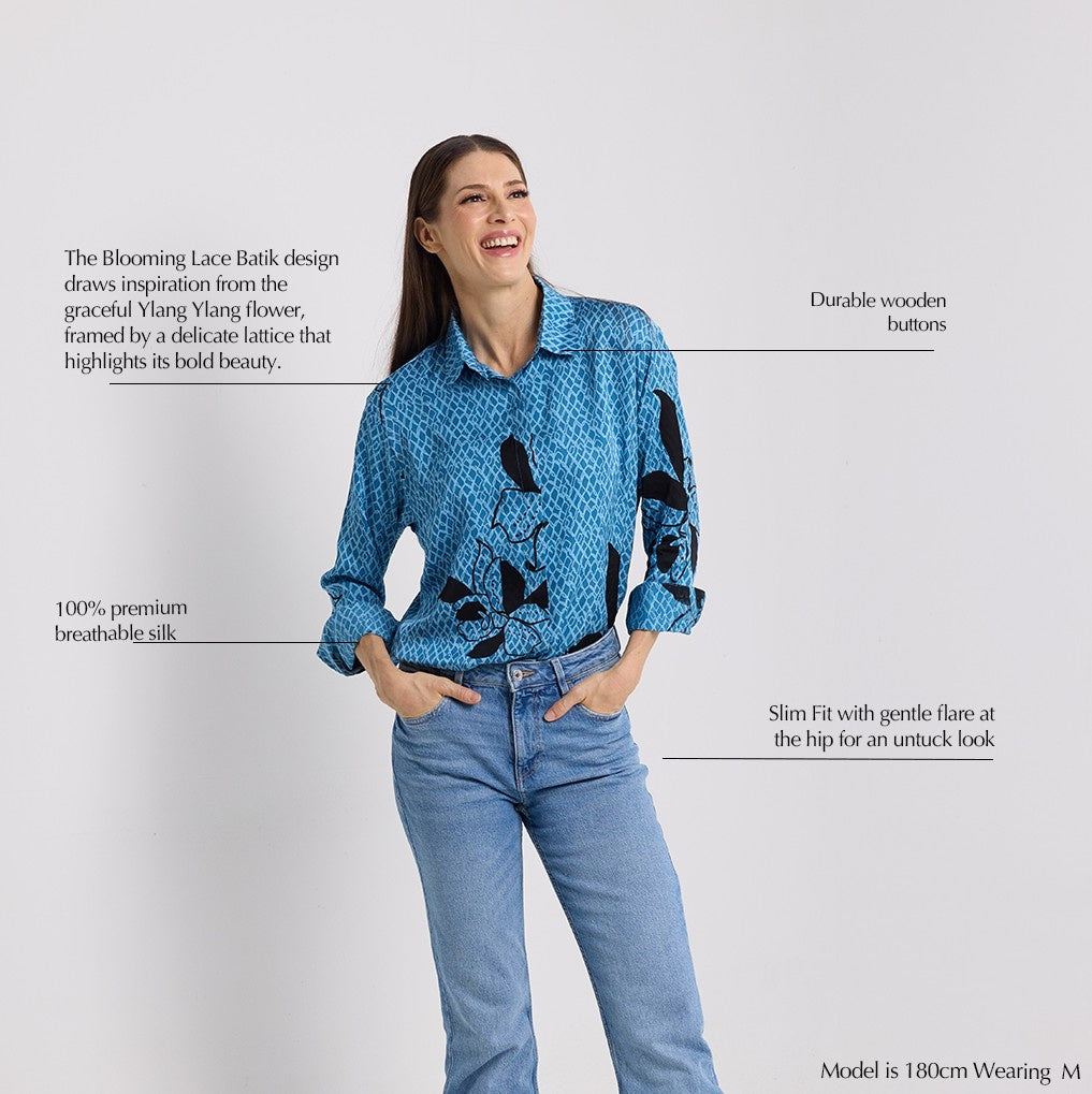 Women's Long-Sleeved Batik Shirt (Silk Cotton) - Azure Blooming Lace
