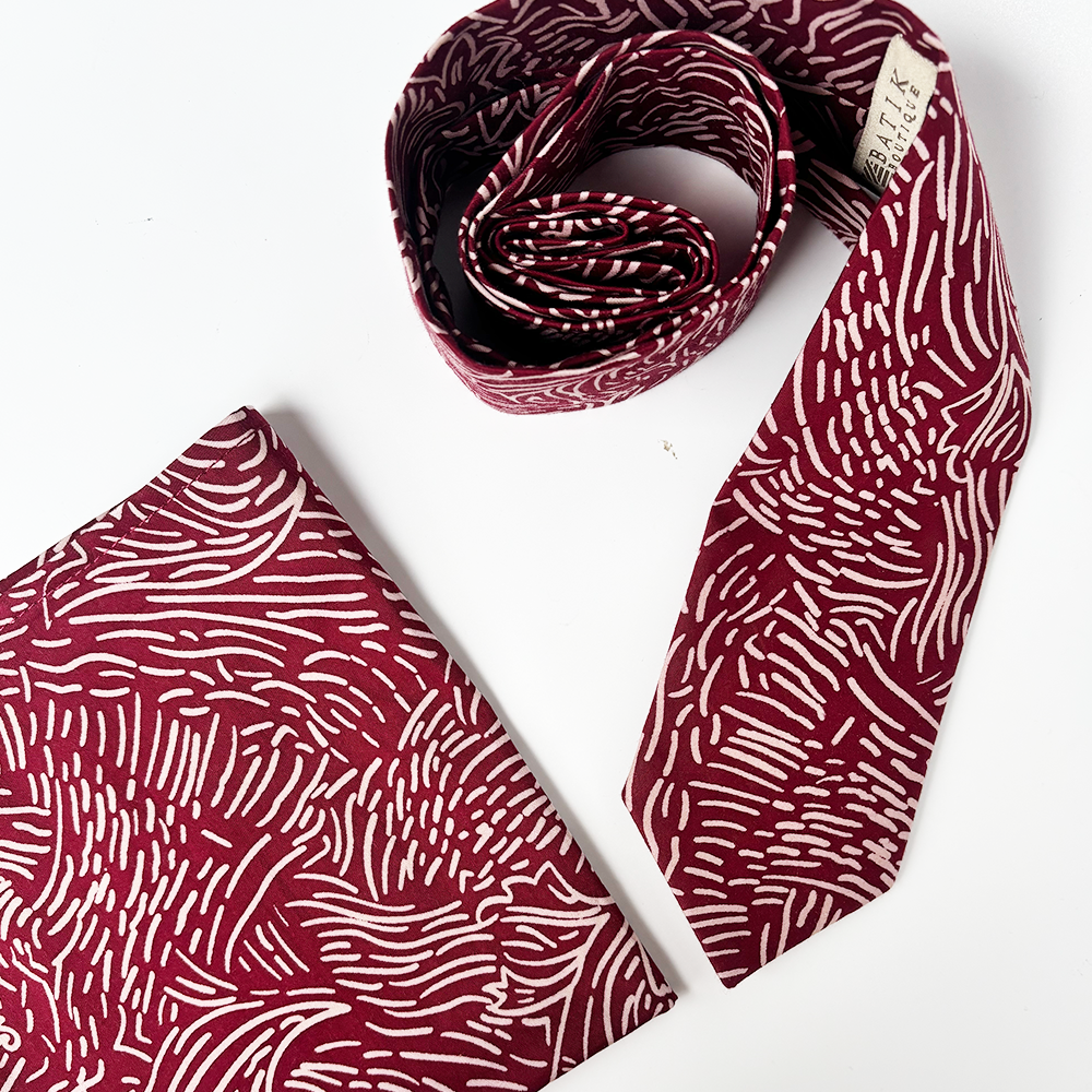 Batik Neck Tie & Pocket Square (Silk Cotton) - Crimson Driftwood