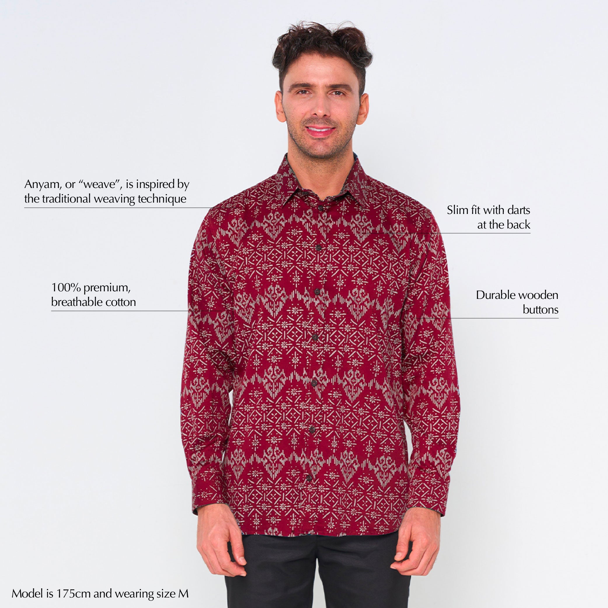 Men's Long-Sleeved Batik Shirt - Crimson Anyam