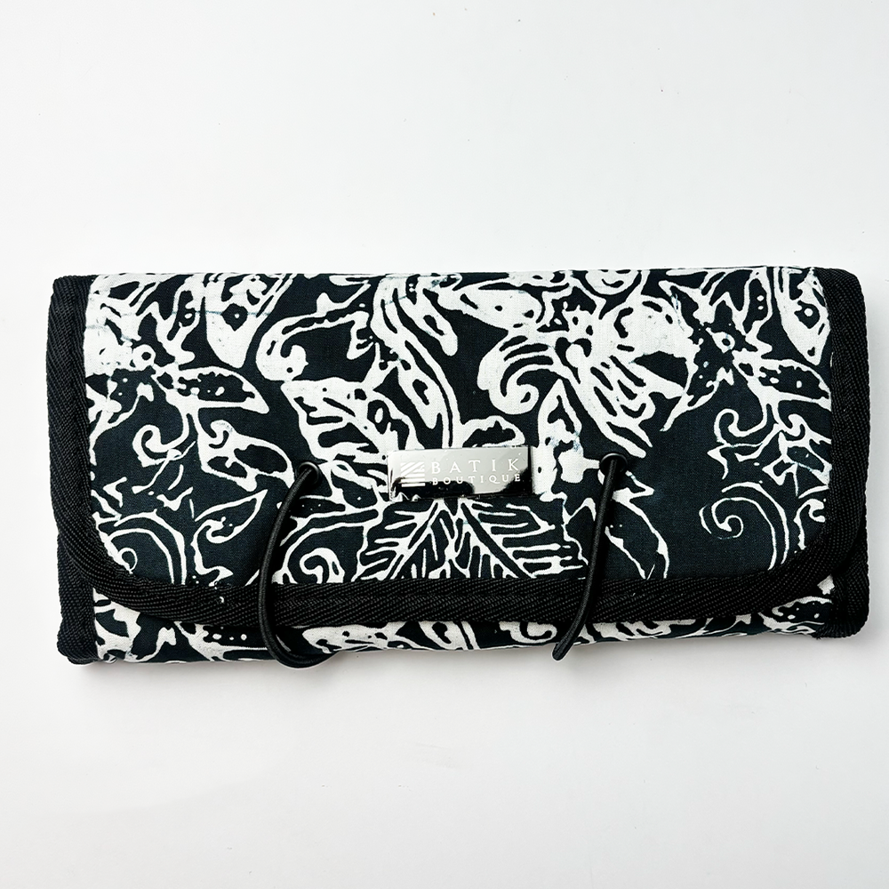 Batik Roll-Up Travel Pouch - Black Floret