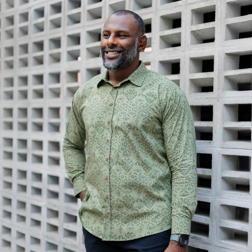 Men's Long-Sleeved Batik Shirt - Olive Anyam